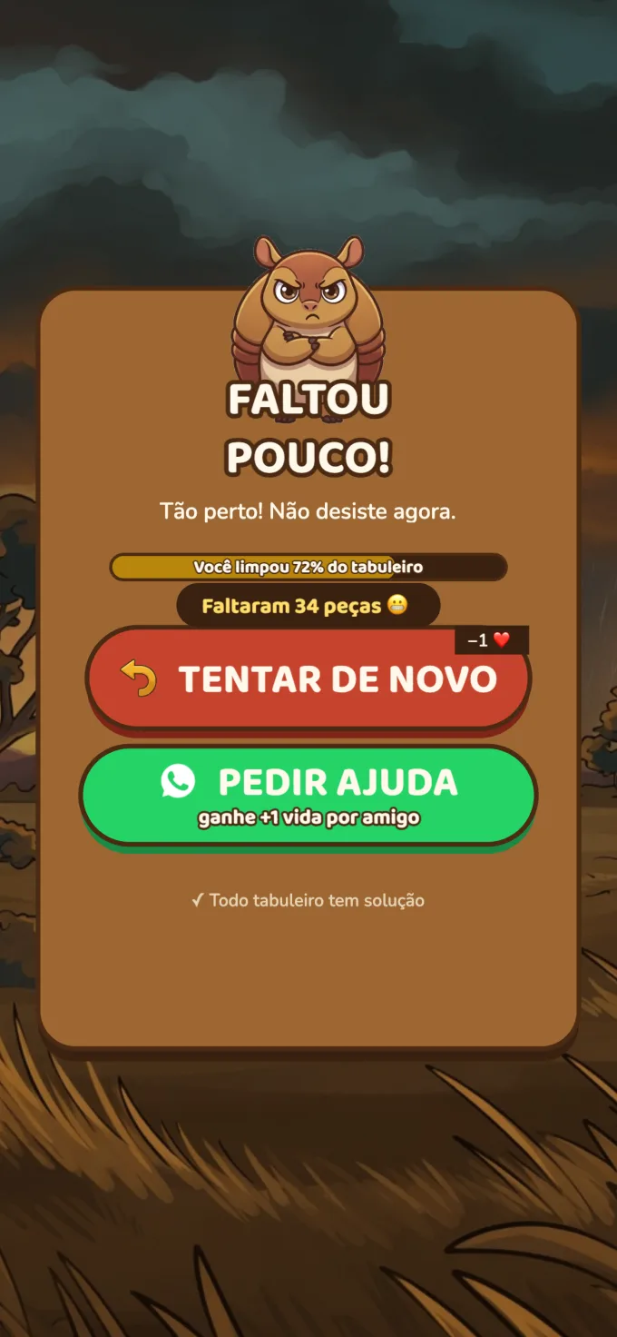 Tela de derrota: o tatu bravo e a mensagem faltou pouco